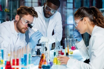 Fototapeta premium Scientists Conduct Experiments in Laboratory Using Microscope and Test Tubes for Research and Analysis
