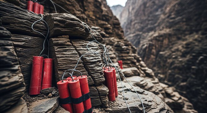 Red dynamite sticks wired together on rugged mountain rocks, symbolizing controlled demolition and potential power