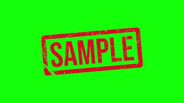 Red SAMPLE Rubber Stamp Animation with Grunge Texture on White and Green Screen. A bright green background with a red sample stamp.