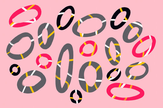 Abstract organic ring pattern on pink background, colorful