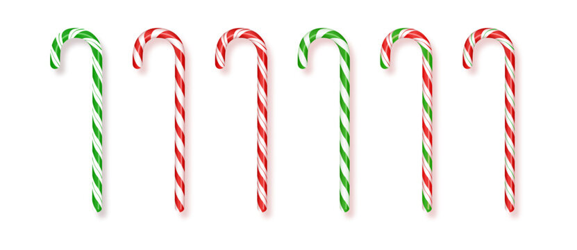 Set of realistic Christmas candy canes. Realistic Xmas candy cane Vector illustration. Top view icon. Greeting card template for Christmas and New Year