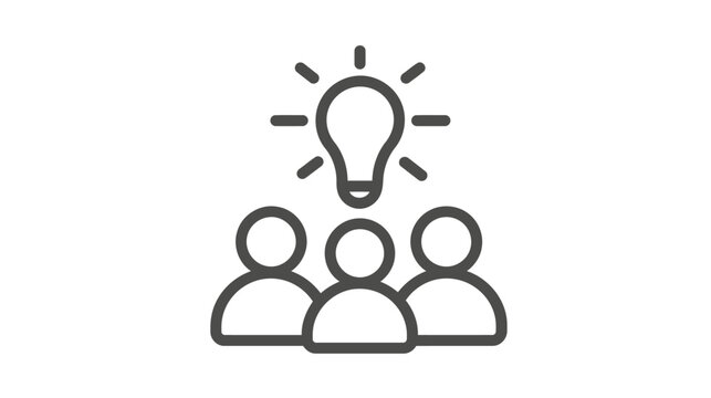 An outline icon showing a group of three people with a bright light bulb above their heads, symbolizing a collective idea.