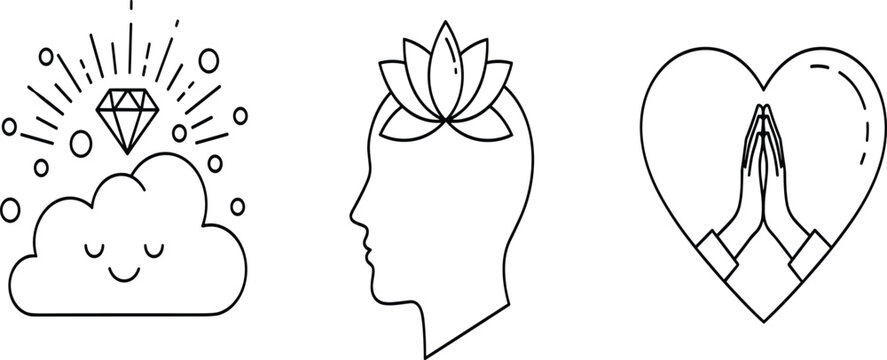Mental health and spiritual wellness vector set featuring cloud with diamond lotus flower in head and praying hands in heart symbols.