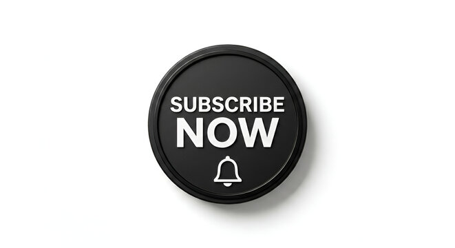 Modern black round subscribe now button with notification bell icon and white text isolated on white background