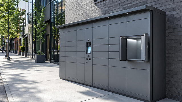 Modern parcel locker station for package pickup in urban residential area