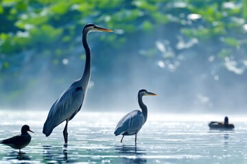 Obraz premium Two Herons and a Duck Wade in the Water Surrounded by Green Foliage in Morning Light