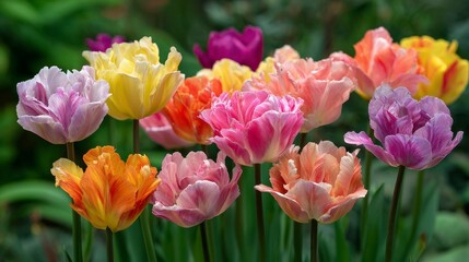 Obraz premium A colorful mix of hybrid Triumph tulips in bloom, showcasing vibrant spring flowers.