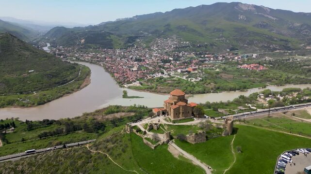 Drone view of Jvari Monastery overlooking Mtskheta and the confluence of the Aragvi River and Mtkvari River.