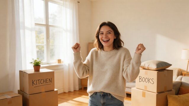 A young woman stands in a bright and airy new home surrounded by cardboard boxes labeled kitchen and books. She is celebrating with a joyful expression and raised fists, wearing a beige sweater and