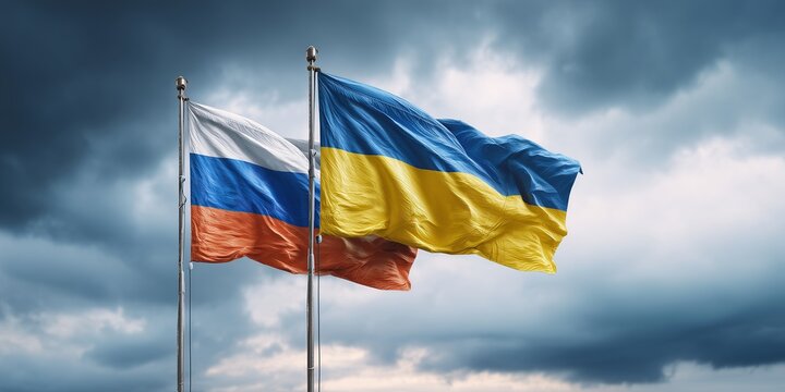 Two national flags of Russia and Ukraine waving together. Concept of diplomatic relations, searching for peace, ceasefire negotiations, and global mediation.