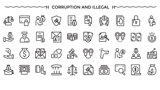 Corruption and Financial Crime Icon Set: Money Laundering, Bribery, and Legal Compliance Symbols for Corporate Law and Cyber Security