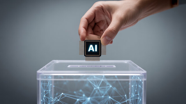 A human hand is carefully placing an advanced microchip labeled "AI" into a transparent ballot box, which internally glows with connected network patterns.