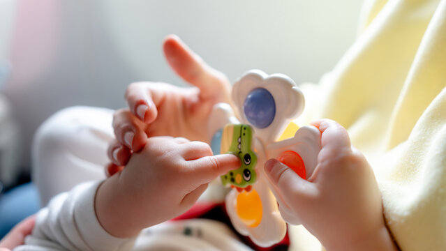 Baby playing during family flight travel