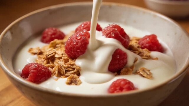 Creamy yogurt being poured over granola and fresh raspberries, creating a wholesome and nutritious breakfast scene with natural textures and vibrant colors.