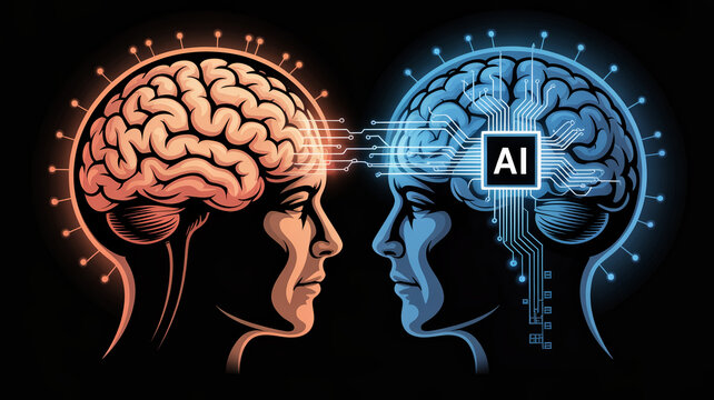 Two human heads in profile facing each other, one with a glowing brain and the other with an AI chip, illustrating the relationship between human and artificial intelligence.