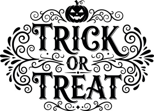 Trick or treat halloween text with pumpkin and swirls