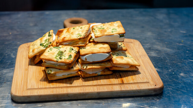 Taiwanese nougat crackers on a wooden board