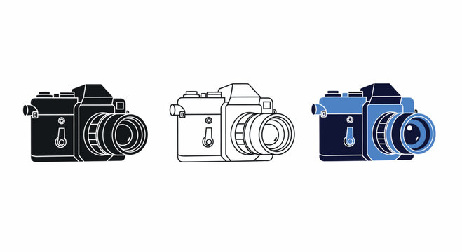 Vintage DSLR Camera Icon Set in Black Silhouette, Outline and Blue Flat Design for Photography and Retro Camera Vector Icons
