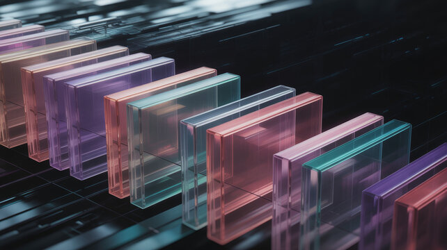 A sleek, futuristic row of translucent, colorful blocks recedes into the distance on a , representing data structures, digital storage, or blockchain technology.