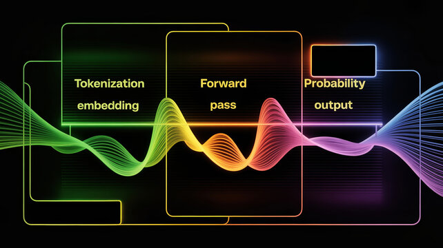 A vibrant, abstract illustration displays a data processing flow with stages labeled "Tokenization embedding," "Forward pass," and "Probability output," represented by colorful waves.