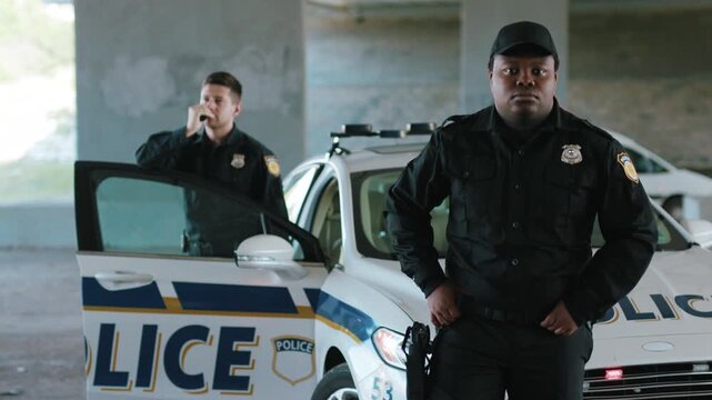 Portrait serious african american young man cops stand near patrol car look around background his colleague enforcement officer police uniform safety security control policeman close up slow motion