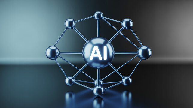 A metallic geodesic sphere labeled 'AI' at its center is formed by interconnected nodes and lines, representing the interconnectedness and complex structure of artificial intelligence.