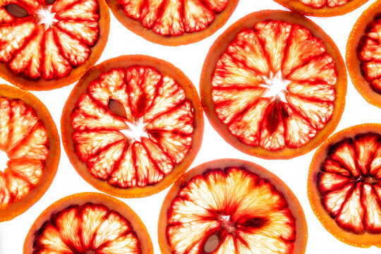 Blood orange slices pattern on white background, closeup
