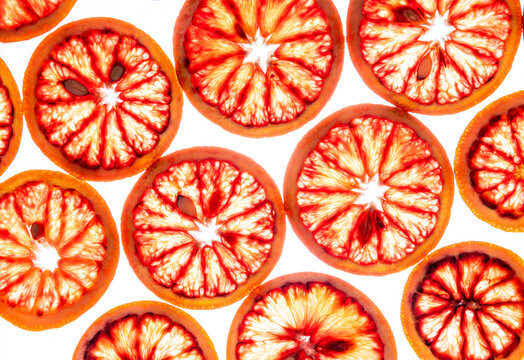 Blood orange slices pattern on bright white background