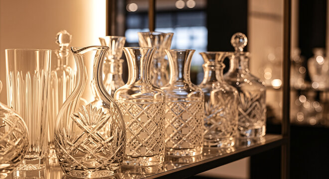 Crystal decanters and glasses arranged on a shelf, showcasing intricate patterns and elegant design with warm backlight