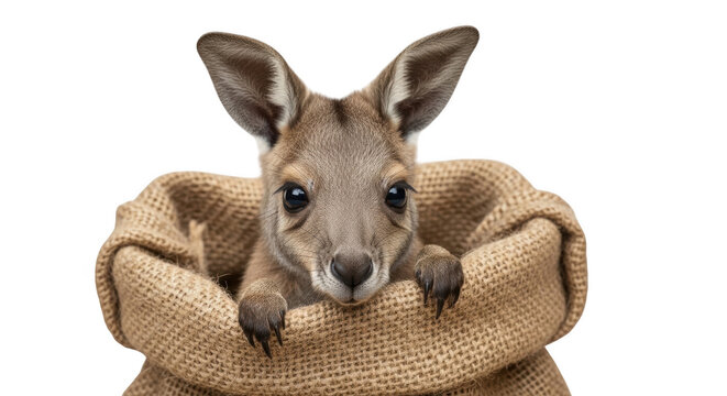 A cute baby kangaroo joey peeking out from inside a rustic brown burlap sack, isolated on transparent background