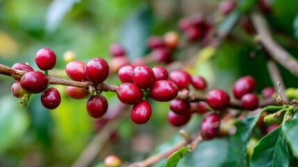 Obraz premium Red coffee cherries growing on a coffee tree in a plantation, agricultural background.