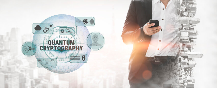 Businessman using smartphone with quantum cryptography graphics, showcasing modern technology and cybersecurity against urban background Fluxor.