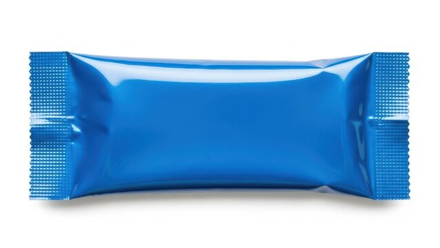 A blue candy bar wrapper with a shiny, reflective surface and perforated edges