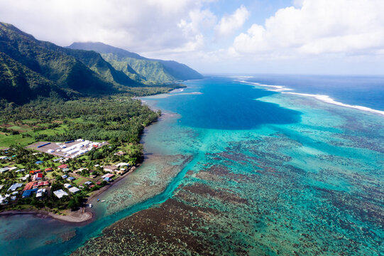 Aerial lagoon and mountain coastline in Moorea, Polynesia