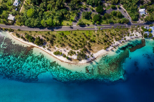 Aerial tropical coastline with palm Beach in French Polynesia