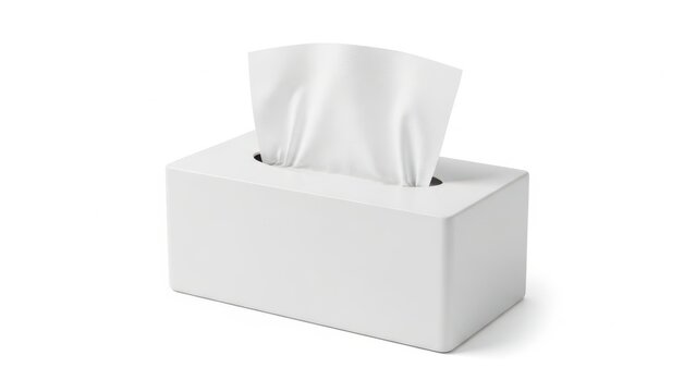 A white tissue box with a partially used tissue protruding from the top