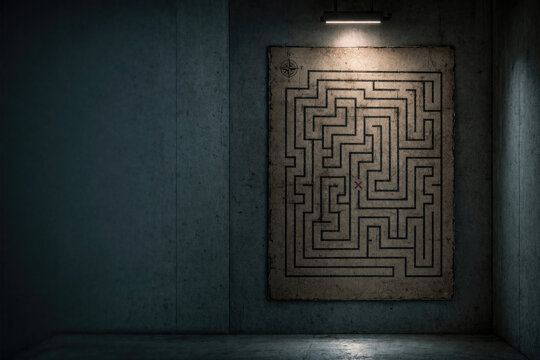 Poster with a labyrinth on a concrete wall in a dark room. Space for text.