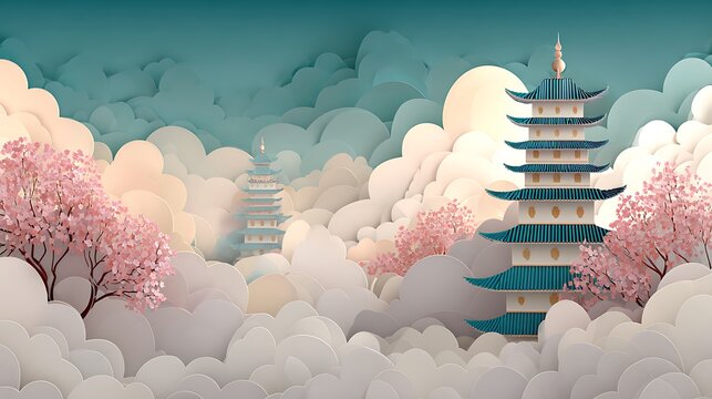 Paper craft pagodas rising above soft clouds with blooming cherry blossom trees in a serene