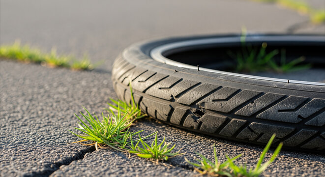 Flat bicycle tire with damage on cracked asphalt roadside, symbolizing a minor disaster and need for repair