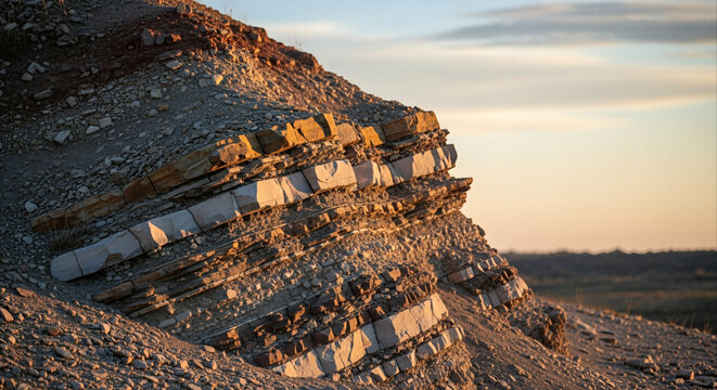 Layered rock formations in golden hour light, showcasing natural stratified textures and erosion patterns with ample copy space