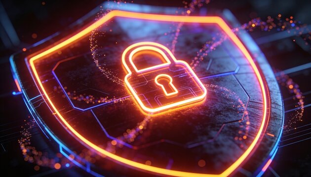 Glowing cyber shield surface texture with padlock icon detail, floating micro particle streams, extreme close-up minimalist 3D render, dark futuristic backdrop, vivid color scheme, logo-free