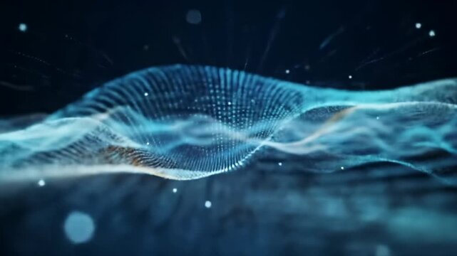luminous multi-hued particle waves, cerulean blue, teal, orange, white, undulate through dark digital space. a slow virtual dolly video glides forward, high-tech innovation and digital potential