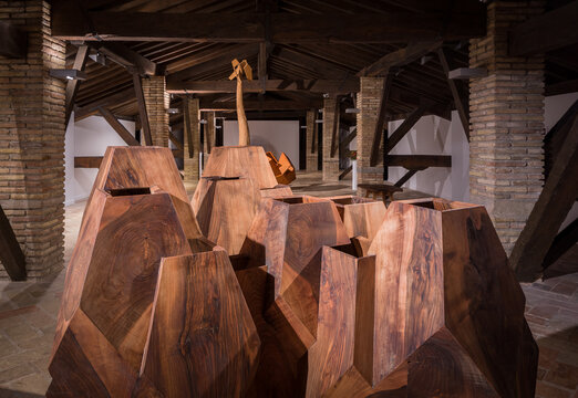 Abstract wooden sculptures in contemporary design space