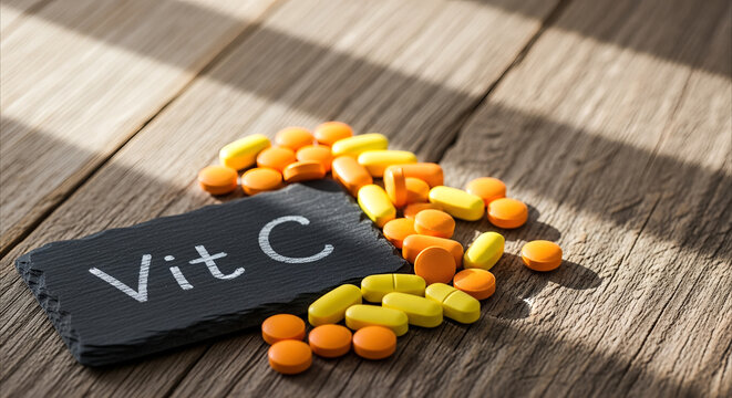 Scattered Vitamin C tablets and 'Vit C' label on rustic wood table with morning light for natural health