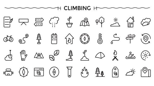 Rock Climbing Icons Set for Outdoor Adventure and Mountaineering
