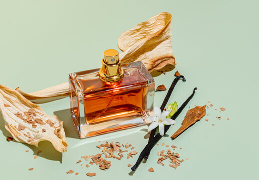 Perfume bottle with vanilla and floral accents