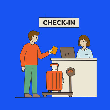 Airport check-in process with traveler and staff