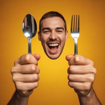 Excited man holding fork and spoon with big smile on orange background