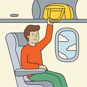 Passenger storing luggage in overhead bin on airplane