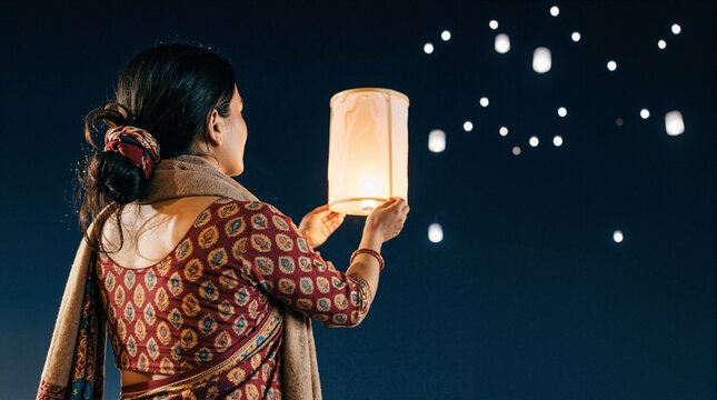 Woman releasing lantern into night sky with floating lights illuminating dark background. Traditional celebration involves lantern release, symbolizing hope and joy in festival atmosphere.